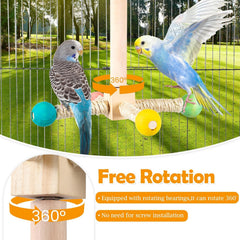KUTKUT Bird Stand Perch Toy, Parrot 360° Interactive Rotating Parakeet Toys, Wooden Exercise Wheel Parrot Toy, Enrichment Cockatiel Toy for Birds Cage, Bird Cage Accessories Perch Toys for Budgies
