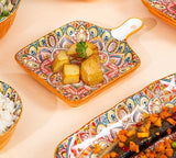 EZYHOME Bohemian Style Creative Serving Platter Ceramic Ins Plate Family Dish Plate Salad Plate with Handle, Plates for Appetizer, Dessert, Pasta, Ice Cream, Microwave and Oven & Dishwasher Safe