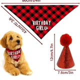 KUTKUT Boy Bandana and Hat Set “Birthday Girl” Print Plaid Dogs Party Supplies Triangle Scarf Bibs for Small Medium Large Pets (Red)