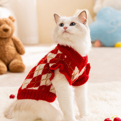 KUTKUT Cozy Red Argyle Kint Small Pet Sweater With Cherry Embroidery, Warm Winter Sweater For Cats & Small Dogs, Soft Comfortable Knitwear For Puppies, ShihTzu, Poodle Etc