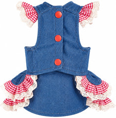 KUTKUT Small Dog Cat Denim Dress with Cherry Embroidery, Red Gingham Ruffles & Lace Trim- Cute Princess Party Dress for Maltese, Pomeranian, Shihtzu, Kittens