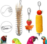 KUTKUT 3 Pieces Bird Food Holder Stainless Steel Parrot Hanging Vegetable Fruit Feeder Bird Treat Skewer Include 2 Pieces Small and Large Fruit Fork and a Food Basket, Parrot Foraging Toy