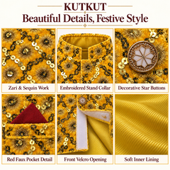 KUTKUT Zari Embroidered & Sequin Work Sherwani For Small Dogs & Cats, Ethinic Festive Velvet Jacket With Front Velcro Closure For Puppies & Kittens