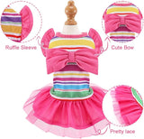 KUTKUT Dog Clothes Girl Dog Dress Puppy Dresses Pet Dress Shirt Female Cavalier King, Frenchi Cat Tulle Dress Birthday Party Lace Costume Stripes Tutu Skirt Apparel Bow Outfit (Multi)