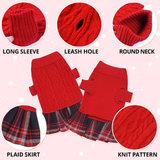 KUTKUT Dog Girl Winter Sweater Dress, Red Cable Knit Acrylic Pullover With Plaid Skirt, Warm Pet Clothes For Medium Dogs, Long Sleeve Knit Outfit With Leash Hole