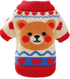 KUTKUT Winter Knit Bear Sweater For Small Dogs and Cats - Warm Acrylic Wool Pet Pullover With Red Hearts, Cute Puppy Kitten Cold Weather Clothes For ShihTzu, Poodle, Pug etc