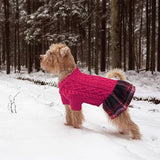 KUTKUT Pink Cable Knit Dog Sweater Dress With Plaid Skirt - Warm Winter Clothes For Small Dogs, Cute Christmas Pet Outfit For Girls, Long Sleeve Knit Outfit With Leash Hole