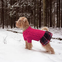 KUTKUT Pink Cable Knit Dog Sweater Dress With Plaid Skirt - Warm Winter Clothes For Small Dogs, Cute Christmas Pet Outfit For Girls, Long Sleeve Knit Outfit With Leash Hole