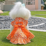 KUTKUT Floral Orange Dog Dress, Ruffle Sleeves & Skirt With Double Satin Bow, Lightweight, Soft & Breathable Polyester Pet Outfit Small Puppy Dogs & Cats Outfit For Photoshoot, Birthday