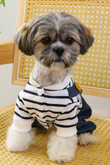 KUTKUT Small Dog Cat Dark Blue Denim Jumpsuit With Striped Shirt & Teddy Bear Patch - Cute Pet Overall Outfit For Puppies, Cats, ShihTzu, Maltese, Pekingese & Other Small Breed