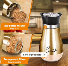 EZYHOME Salt and Pepper Shakers Set Stainless Steel Salt Shaker and Pepper Shaker Set with Holder Refillable Screw-Off Perforated "S" and "P" Caps for Kitchen Table Decor(Copper)