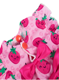 KUTKUT Cute Strawberry Print Dog Dress, Pink Ruffle Sleeves & Skirt With Double Bow, Lightweight, Soft & Breathable Frock For Small Dogs, Cats and Puppies