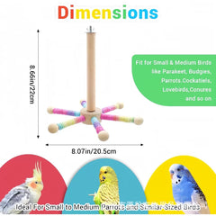 KUTKUT 360° Rotating Wooden Bird Perch Toy For Parrots, Budgies, Cockatiels, Lovebirds-Natural Pine Wood & Cotton Rope Stand With Chew Beads, Fun Exercise & Play Training Toy