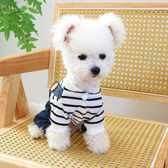 KUTKUT Pet Overalls Jumpsuit For Small Dogs & Cats - Denim Outfit With Teddy Bear Embroidery & Striped Shirt For Puppies, Cats, ShihTzu, Poodle, Lhasa Apso, Jack Russell etc