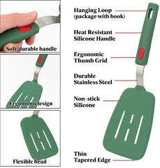 EZYHOME 2Pcs 600°F Heat Resistant Silicon Slotted &Turner Spatulas - Non Stick, Non Scratch Thin Spatula Reinforced Stainless Steel Core - BPA Free & Dishwasher Safe Kitchen Utensil (Green)