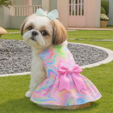 KUTKUT Rainbow Swirl Dog Dress For Small Dogs & Cats, Sleeveless Frock With Pink Bow, Colourful Soft Breathable Polyester Puppy  Outfit For Parties, Photoshoots & Casual Wear
