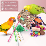 KUTKUT Hanging  Bird Foraging Toys, Natural Grass Basket With Shredding Papers, Wooden Blocks & Colourful Chew Toys for Parakeets, Cockatiels, Conures, Small and Medium Bird Cage Accessories