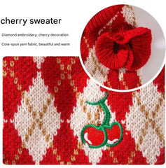 KUTKUT Cozy Red Argyle Kint Small Pet Sweater With Cherry Embroidery, Warm Winter Sweater For Cats & Small Dogs, Soft Comfortable Knitwear For Puppies, ShihTzu, Poodle Etc