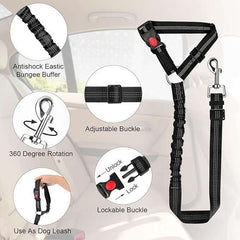 KUTKUT Removable Dog Seat Belt Harness for Car, 3-in-1 Pet Dog Car Seatbelt Leash, Retractable Restraint Secures to Vehicle Headrest & Adjustable Reflective Bungee Dog Seatbelt Tether (Black)