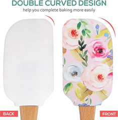 EZYHOME 6Pcs Floral Silicone Spatula with Wood Handle – BPA Free, Heat-Resistant, Ideal for Baking, Mixing & Meal Prep (30cm *6 cm)