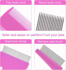 KUTKUT 4Pcs Flea Lice Comb, Stainless Steel Dog Cat Grooming Combs with Rounded Teeth, Double Sided Professional Pet Tear Stain Remover, Dematting Tool for Small, Medium & Large Pets (PINK)