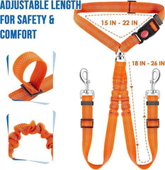 KUTKUT Double Dog Seat Belt, Dual Pet Car Headrest Restraint Safety Seatbelt No Tangle Dog Leash Duty Adjust Elastic Bungee Lead Splitter Connect Harness in Vehicle Travel for 2 Dogs (Orange)