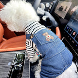 KUTKUT Pet Dog Denim Dungare Jumpsuit with Striped T-Shirt, Cute Puppy Overall Outfit for Small Dogs Cats, Adorable Dog Romper with Teddy Bear Pocket for Puppies and Small Dogs