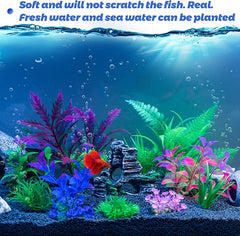 KUTKUT 12Pcs Aquarium Artificial Plastic Plants Decorations and Rock Cave Decor Set Goldfish Betta Turtle Fish Tank Accessories Small Large Fish Bowl Ornaments
