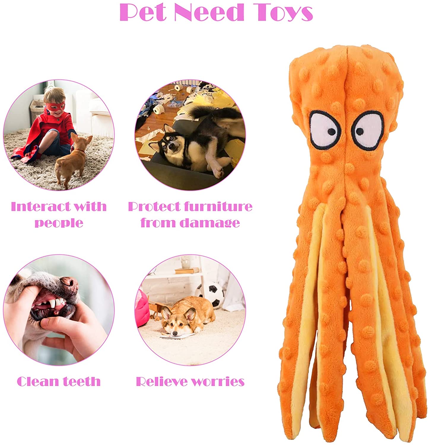 KUTKUT Dog Squeaky Toys Octopus Crinkle Plush, Teeth Cleaning, Durable Interactive Chew Toys, Cute Soft Dog Toys for Small Medium Dogs, Labrador, Golden Retriever - kutkutstyle