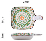 EZYHOME Ceramic Bohemian Baking Plate with Handle Ceramic Ins Plate Family Dish Plate Salad Plate with Handle,Platter for Pasta,Maggi, Manchurian,Dessert,Ice Cream,Microwave Oven & Dishwasher Safe