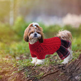 KUTKUT Dog Girl Winter Sweater Dress, Red Cable Knit Acrylic Pullover With Plaid Skirt, Warm Pet Clothes For Medium Dogs, Long Sleeve Knit Outfit With Leash Hole