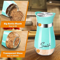 EZYHOME Salt and Pepper Shakers Set, Glass Bottom Salt Pepper Shaker with Stainless Steel Lid for Kitchen Gadgets Cooking Table, RV, Camp,BBQ Refillable Design (Teal)