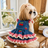 KUTKUT Small Dog Cat Denim Dress with Cherry Embroidery, Red Gingham Ruffles & Lace Trim- Cute Princess Party Dress for Maltese, Pomeranian, Shihtzu, Kittens