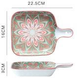 EZYHOME Design Ceramic Bohemian Baking Plate with Handle Square Plate Family Dish Plate Salad Plate with Handle, Platter for Pasta, Maggi, Noodles, Manchurian, Dessert, Ice Cream