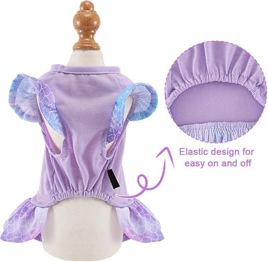 KUTKUT Dog Clothes Girl Dog Dress Puppy Dresses Pet Dress Shirt Female Cavalier King, Frenchi Cat Tulle Dress Birthday Party Lace Costume Stripes Tutu Skirt Apparel Bow Outfit (Purple)