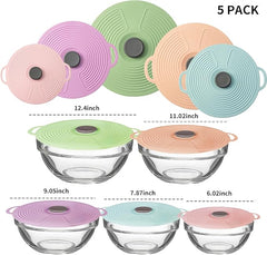 5Pack Silicone Lids for Bowl, Microwave Splatter Cover, 5 Sizes Reusable Heat Resistant Suction Lids Fits Bowls, Plates, Pots, Pans, Skillets, Stove Top, Cups, Oven, Fridge Dishwasher Safe