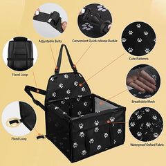 KUTKUT Small Dog Car Seat Foldable Dog Car Booster Seat Upgrade Puppy Pet Seat Waterproof Breathable Oxford Travel Bag with 12PVC Tubes for Small Dogs, Cats, Puppies Paws-Pattern (Black)…