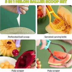 EZYHOME 2Pcs Melon Baller Scoop Set, 4 in 1 Stainless Steel Fruit Tool Set, Fruit Carving Tools for Dig Pulp Separator, Watermelon Cutter Slicer Scooper (Yellow & Green)