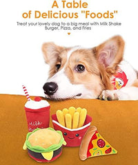 KUTKUT 2 Pack Squeaky Dog Toys, Non-Toxic and Safe Chew Toys for Puppy with Funny Food Cola Pizza Shape, Durable Interactive Crinkle Plush Dog Toy for Small, Medium Dogs - kutkutstyle