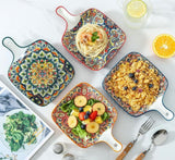 EZYHOME 4Pcs Ceramic Bohemian Baking Plate With Handle Family Dish Plate Salad Plate with Handle, Platter for Pasta, Maggi, Noodles, Manchurian, Dessert, Ice Cream, Microwave & Dishwasher Safe