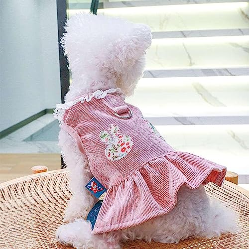 KUTKUT 2Pcs Small Dog Cat Harness Dress with D Ring Rabbit Patch Lace Princess Puppy Dress Skirt Thick Corduroy Holiday Pet Clothes Dresses for Yorkii,Maltese, Bichon - kutkutstyle