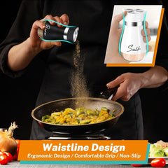 EZYHOME Salt and Pepper Shakers Set Stainless Steel Salt Shaker and Pepper Shaker Set with Holder Refillable Screw-Off Perforated "S" and "P" Caps for Kitchen Table Decor(Black & White)