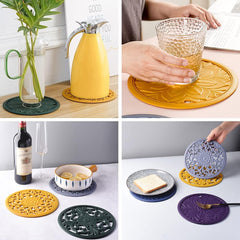 EZYHOME 3Pcs Silicone Trivet Mat - Insulated Hot Pot Holder Carved Hot Bowl Pads Set for Table or Countertop - Non-Slip Heat Resistant Exquisitely Kitchen Teapot Coasters, 20cm / 7.87Inch
