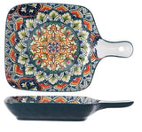 EZYHOME Bohemian Style Creative Serving Platter Ceramic Ins Plate Family Dish Plate Salad Plate with Handle, Plates for Appetizer, Dessert, Pasta, Ice Cream, Microwave and Oven & Dishwasher Safe(2pcs)