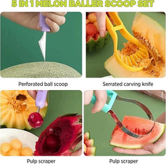 EZYHOME Melon Baller Scoop Set, 4 in 1 Stainless Steel Fruit Tool Set, Fruit Carving Tools for Dig Pulp Separator, Watermelon Cutter Slicer Scooper (Yellow)