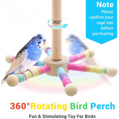 KUTKUT 360° Rotating Wooden Bird Perch Toy For Parrots, Budgies, Cockatiels, Lovebirds-Natural Pine Wood & Cotton Rope Stand With Chew Beads, Fun Exercise & Play Training Toy