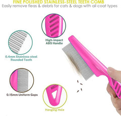 KUTKUT 4Pcs Flea Lice Comb, Stainless Steel Dog Cat Grooming Combs with Rounded Teeth, Double Sided Professional Pet Tear Stain Remover, Dematting Tool for Small, Medium & Large Pets (PINK)