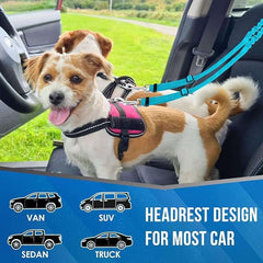 KUTKUT Double Dog Seat Belt, Dual Pet Car Headrest Restraint Safety Seatbelt No Tangle Dog Leash Duty Adjust Elastic Bungee Lead Splitter Connect Harness in Vehicle Travel for 2 Dogs (Blue)