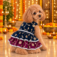 KUTKUT Zari Embroidered Festive Dress for Small Dogs and Cats, Sleeveless, Sequin Work, Two-Layer Skirt, Silver LCE Trim Outfit for Diwali & Celebrations (Dark Blue & Plum Maroon)