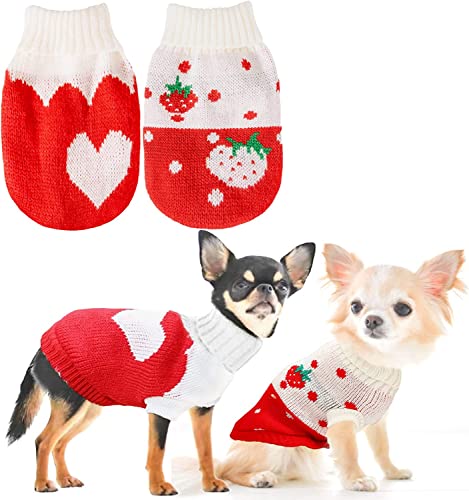 KUTKUT 2pcs Small Dog Sweaters,Warm Turtleneck Knitted Girl Dog Clothes, Red Cute Pet Knitwear Soft Puppy Pullover Vest Outfits - kutkutstyle